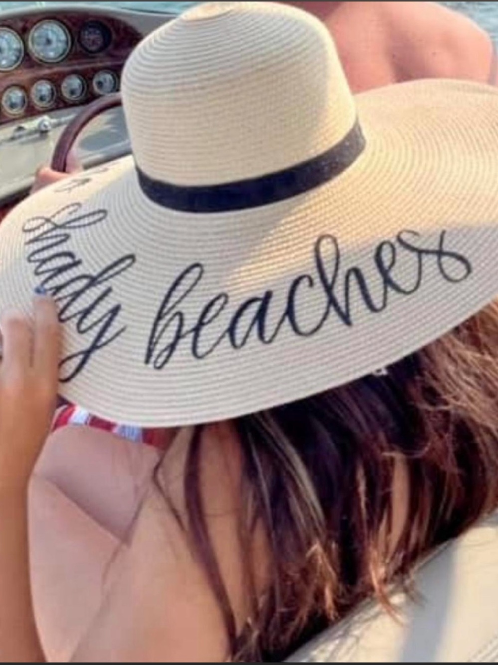 Wide-Brim Straw Sun Hat with Black Script and Band